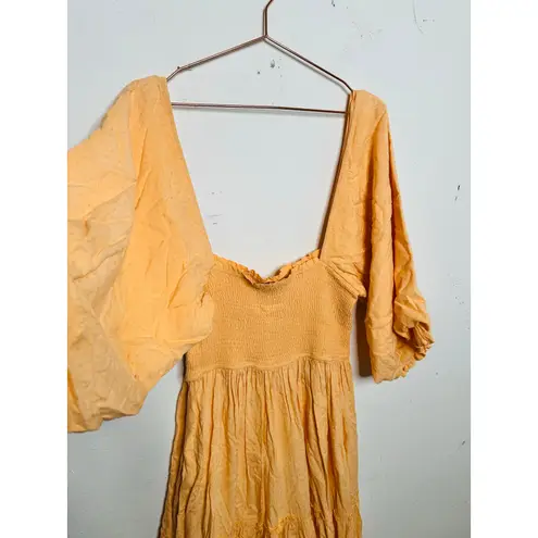 LOUNA Orange Square Neckline Puff Sleeves Chic Flowy Midi Dress size Medium