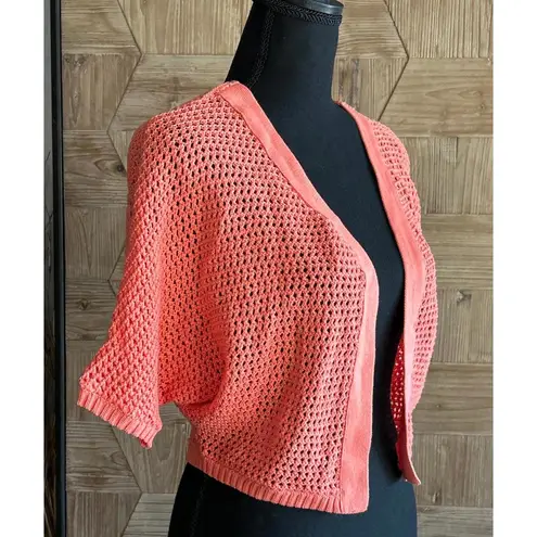 Womens Cropped Cardigan S/M Peach Short Sleeve Crochet Open Front Boho Fairy Orange - Image 2