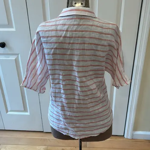 Garnet Hill 100% linen pink and white v neck short sleeve collared blouse