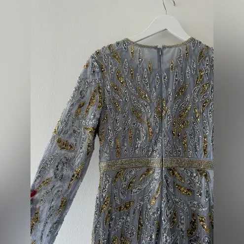 Mac Duggal Gray Beaded Long Sleeve Evening Gown in Platinum Gold 8