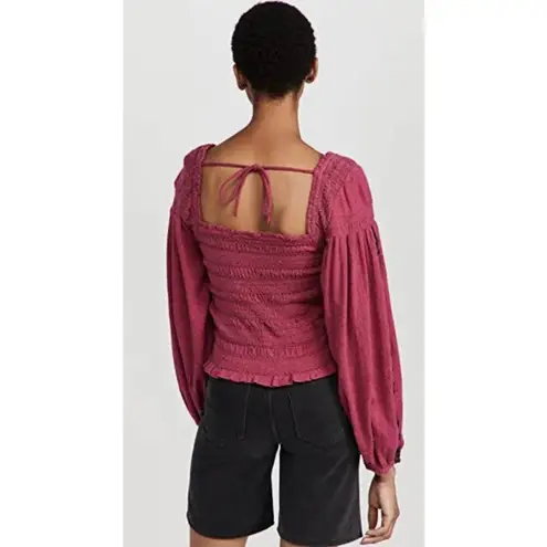 Free People  Maggie Embroidered Shirred Top Red Berry Size Large New w/ Tags