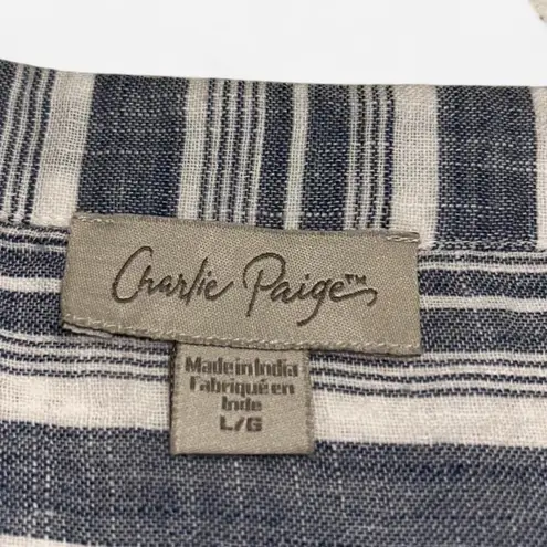 Charlie Paige Blue White Striped V-Neck Tunic Top Fringe Hem Size L