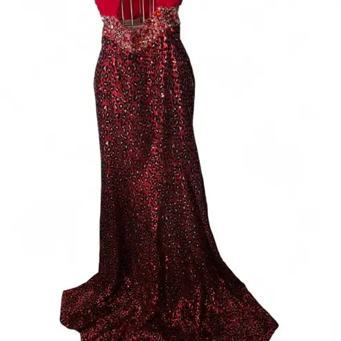 American Vintage Riva Red Sequin Leopard Rhinestone Pageant Prom Gown Sz 6