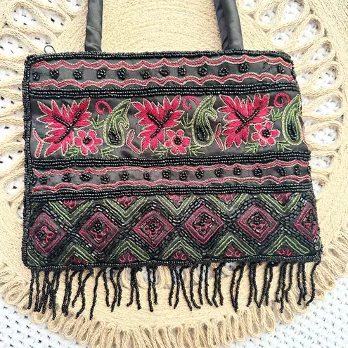 Vintage Black Satin Red Floral Top Handle Evening Bag Beaded Fringe Small Boho