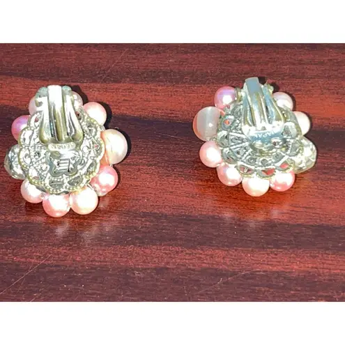 VTG Pink Beaded Rhinestone Clip On Earrings Made in Japan Coquette Bling Barbie