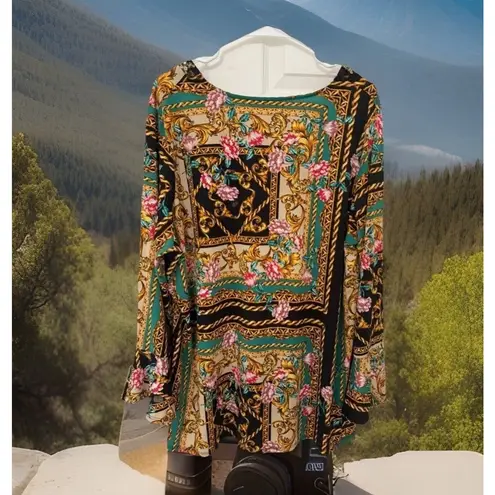 NWT Purple Rain bellsleeve Floral Print Sequin Beaded Neckline Boho Chic Tunic3X Size 3X