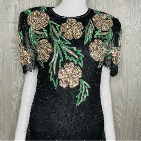 Scala Vintage 100% Silk Fully Beaded Floral Midi Dress Formal Cocktail Large - Image 14