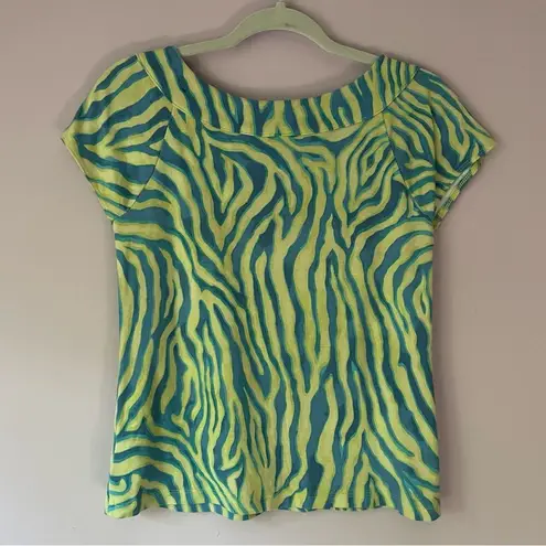 Rafaella Boxy Shirt S Funky Zebra Print Green Blue Short Sleeve Modest Neckline