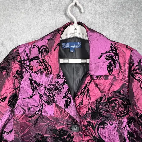 Susan Graver Jacket Fuchsia Purple Black Velvet Floral Crinkle M Bolero Cropped