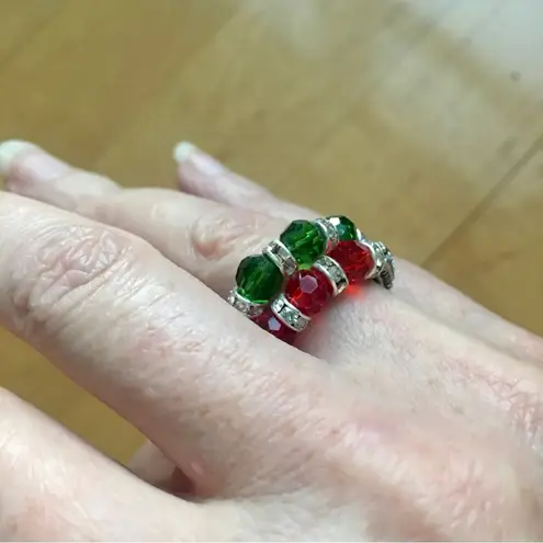 Set/2 Beaded Elasticized Fashion Rings, Red, Green