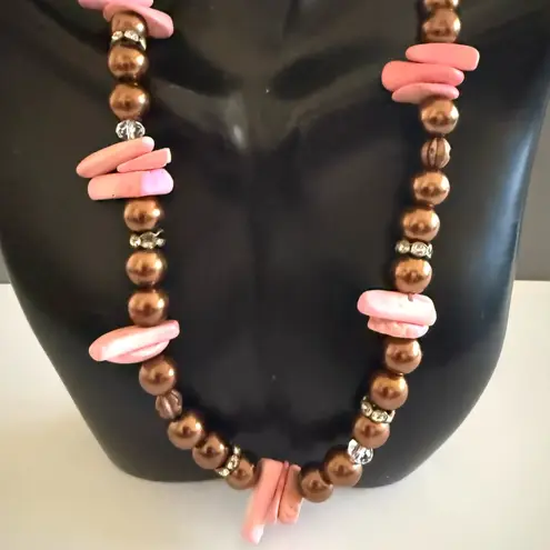 Pink Natural Gemstone Chocolate Colored Faux Pearl Necklace