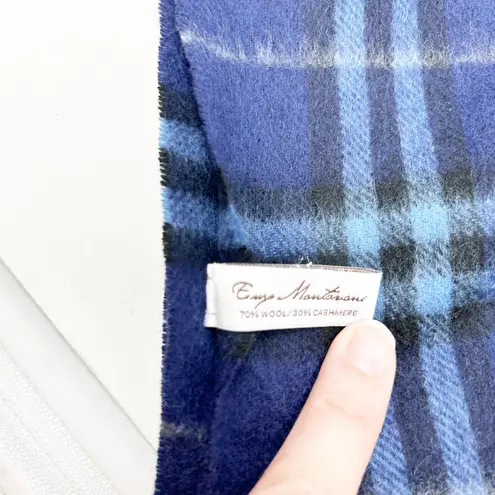 Enya Montarani Unisex Winter Boho Fringe Wool Cashmere Long Plaid Scarf Blue