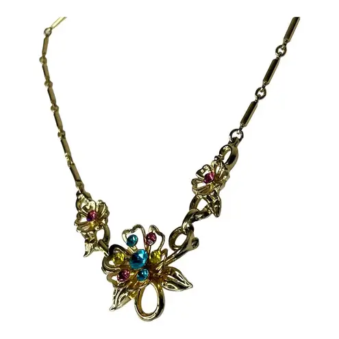 The Bar VTG Coro Gold Pastel Rhinestone Flower NECKLACE 16”  Link Chain Multi Color