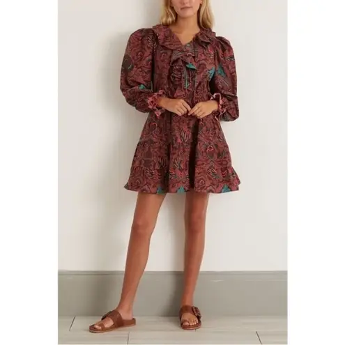 Ulla Johnson Women's Red Caris Carmine Batik Floral Puff Sleeve Mini Dress NEW 6