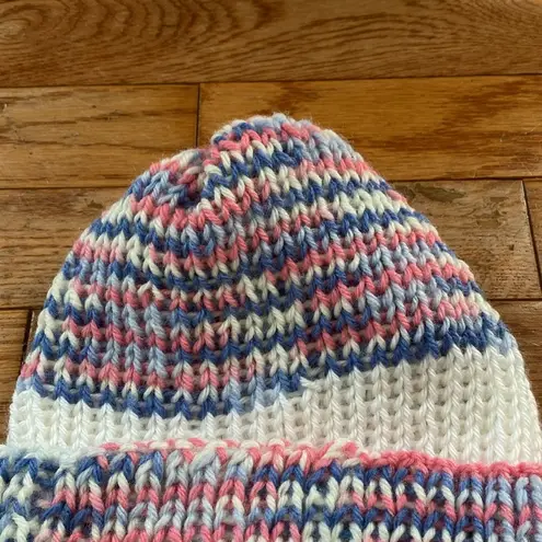 pink purple blue white striped hand knit ribbed beanie hat