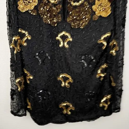 SWEE LO | Vintage Silk Black Beaded Gold Sequin Blouse Formal Keyhole | Medium