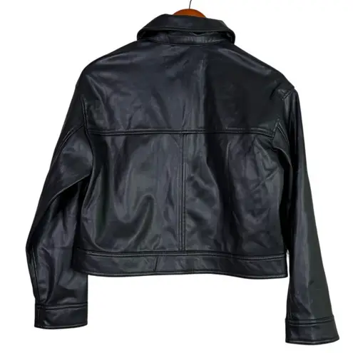 ZARA  Collar Cropped Faux Leather Moto Jacket Patch Pockets Buckle XS Black #3966