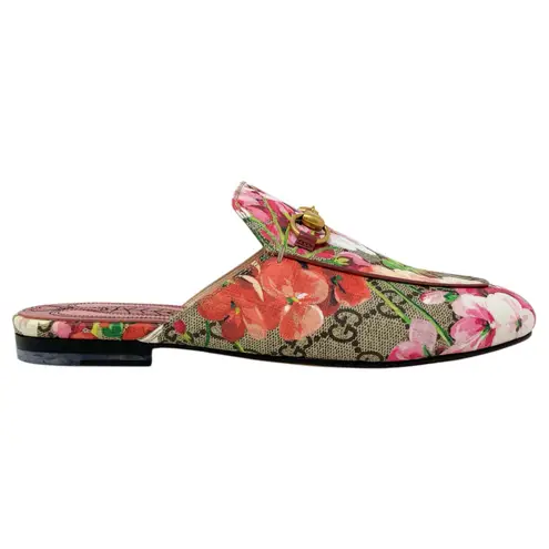 Gucci  Princetown Pink Bloom Floral Print GG Monogram Canvas Loafers Mules Flats