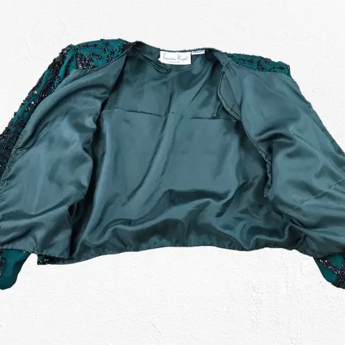80s Vintage Green Black Silk Beaded Sequin Cropped Designer Jacket Size Large