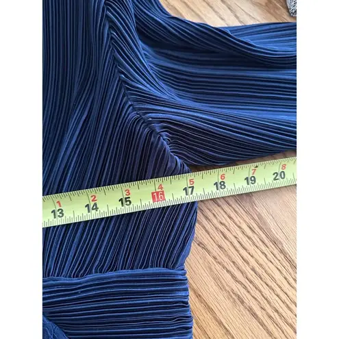 Vintage Navy Blue Pleated Long Sleeve Midi Dress Beaded Waist & V