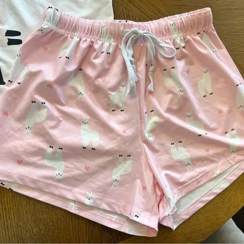 Women Short Sleeve Tee & Shorts Pajama Set Alpaca Llama Print SleepwearSmall Pink