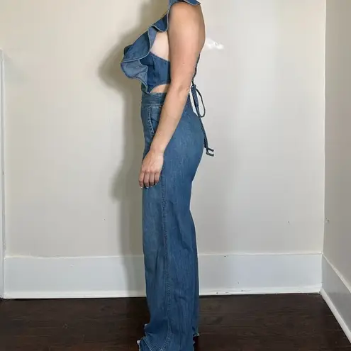 La Vie Rebecca Taylor Ruffle 100% Cotton Denim Jumpsuit Side Cutout Size Small Blue