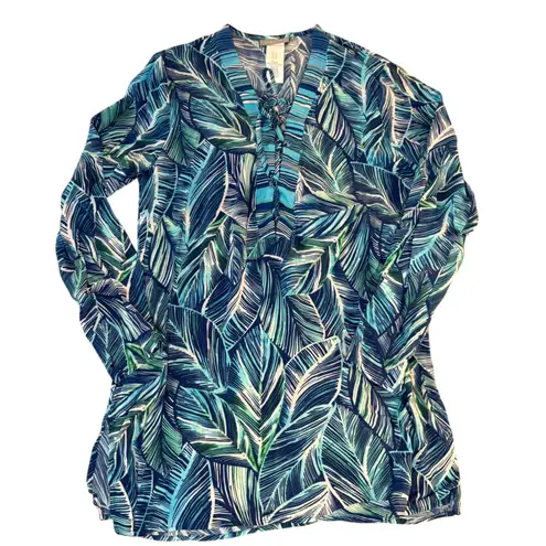 La Blanca Cover Up Tunic Dress Blue Green Palm Leaf Print Womens Medium