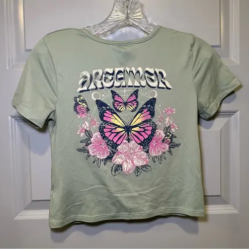 Self Esteem  Green Butterfly Graphic Short Sleeve Twist Knot Crop top size M