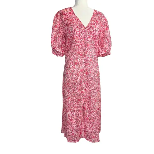 MISA Los Angeles Pink Floral Button Front Midi Dress Puff Sleeve L Made In USA