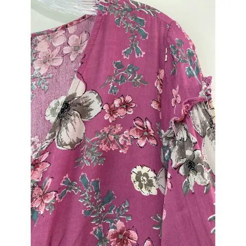 Kori America Boho Floral Tassel Hem Surplice Top Womens Sz Large Purple Floral