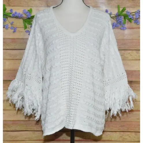 CAbi Fiesta Fringe Sweater Small Boxy Poncho Boho Coastal Beachy Half Sleeves