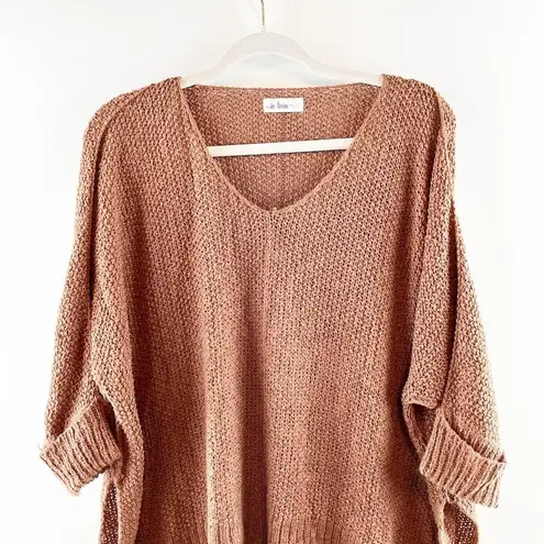 In Loom V Neck Slouchy Crochet 3/4 Cuffed Sleeve Sweater Brown XS / S