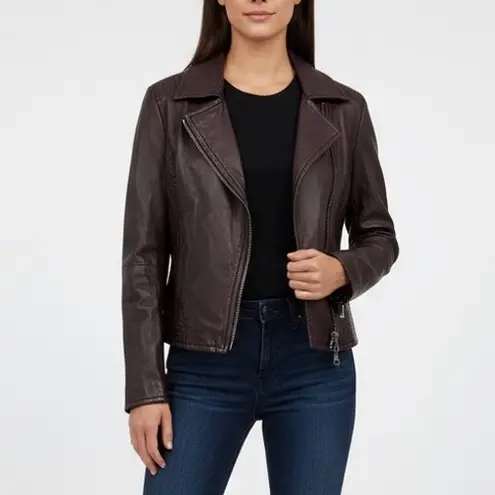 Weekend Max Mara Womens Leather Moto Jacket Burgundy Asymmetrical Zip Moto Style Brown Size 6