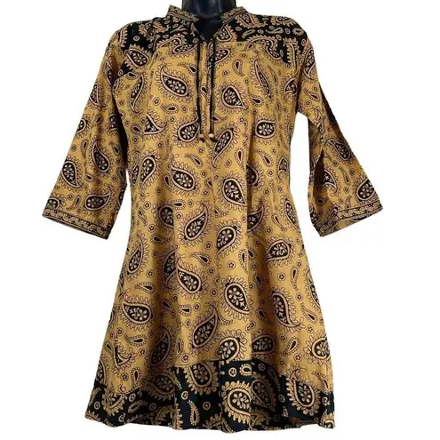 Paisley Print Cotton Band Collar Tapered Tunic Women’s Size Small Black