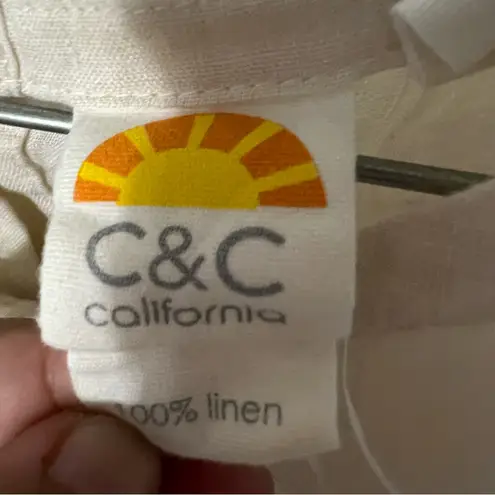 C&C California  100% Linen Top | Boho Striped Trim Button-Back Blouse | Size M