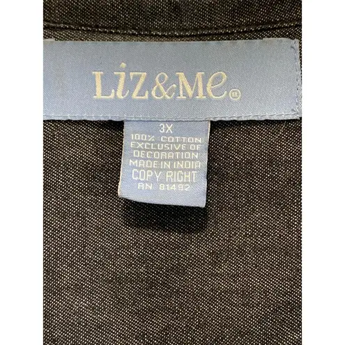 Liz & Me Womens Size 3X Dark Denim Embroidered Cotton Button Up Shirt Bohemian Blue