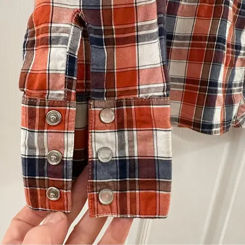 Vintage Western Ruffle Front Collar Plaid Pearl Snap Button Shirt Holiday Rodeo Red