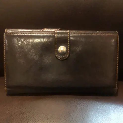 Christian Dior  Brown Leather Long Bifold Wallet with Buckle Accent