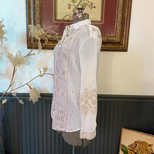 Johnny Was Alberte Oversized Embroidered White & Cream Cotton Shirt - Sz XS 💛🎀
