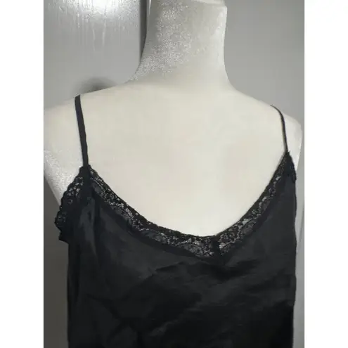 Vintage Style Black Satin Cami Top Lace Trim V Neck Sleeveless Tank Blouse Large