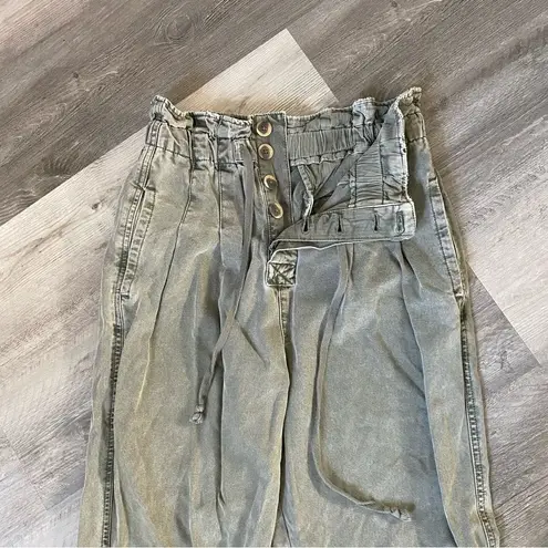 Free People  Pants High Rise Paper Bag Waist Olive Pleat Trouser