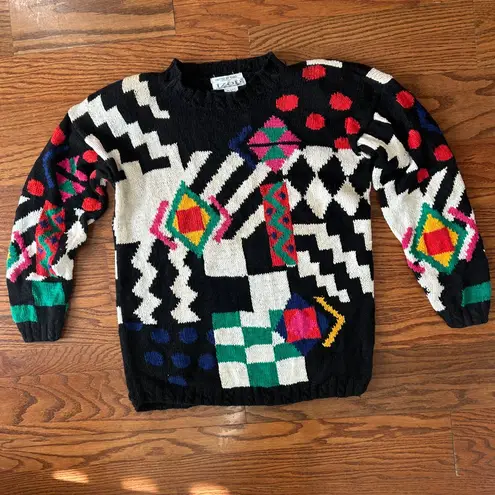 IZOD Vintage 80s Hand Knit Geometric Crewneck Sweater Shoulder Pads Size Small