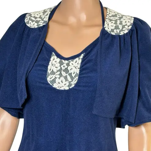 Vtg Blue Dress W/ Shrug 70s 80s Maxi Lace Bell Sleeve Halter Boho Hippie Regency Size 8