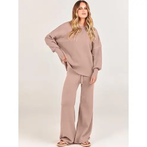 ANRABESS Women’s Knit Crewneck Sweater Lounge Set Tan Wide Leg Pants Size Large