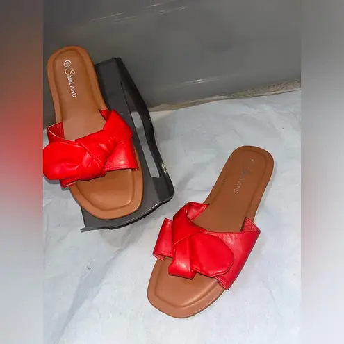 Shoe Land Cherry Vibrant Red Bowknot Tied Padded Flat Dressy Sandal Shoes Sz 9