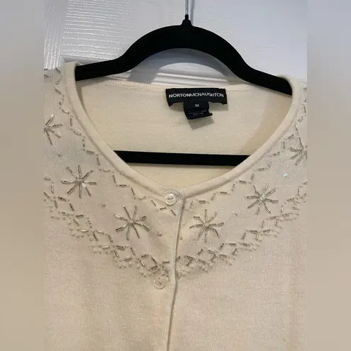 Norton Mcnaughton Norton Mcnaughten Size M Cream Beaded Collar Long Sleeve Button Front Cardigan
