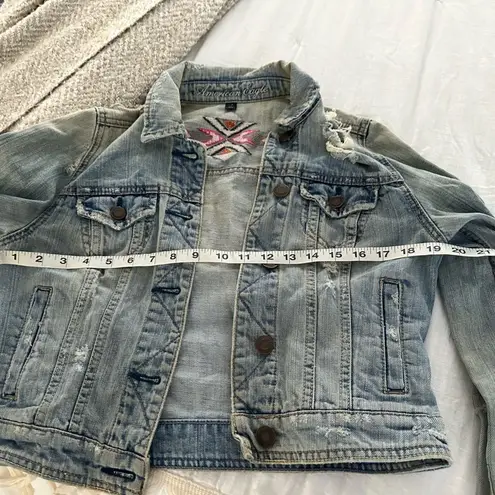 American Eagle  Women’s Small Distressed Denim Jacket Aztec Boho Southwestern