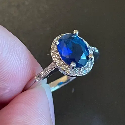 Oval blue sapphire silver plated CZ ring Size 10