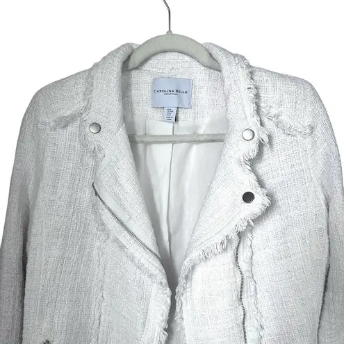 Carolina belle Montreal Womens Sz M White Edgy Tweed Frayed Trim Moto Jacket