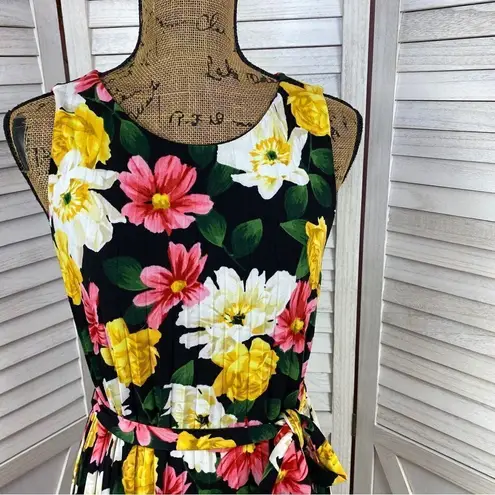 T Tahari Floral Print Accordion Pleat Belted Dress Sleeveless Black Multi Small
